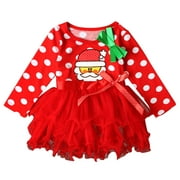 Zhuashum Boho Dress For Girls Long Sleeve Sundress Sweet Round Neck Dot Prints Outfits Tulle Skirt Christmas Cute Floral Sundress For Kids Red 3-4 Years
